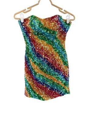 Gigi Multicolor rainbow full Sequin Mini Dress strapless 0 colorful pride event